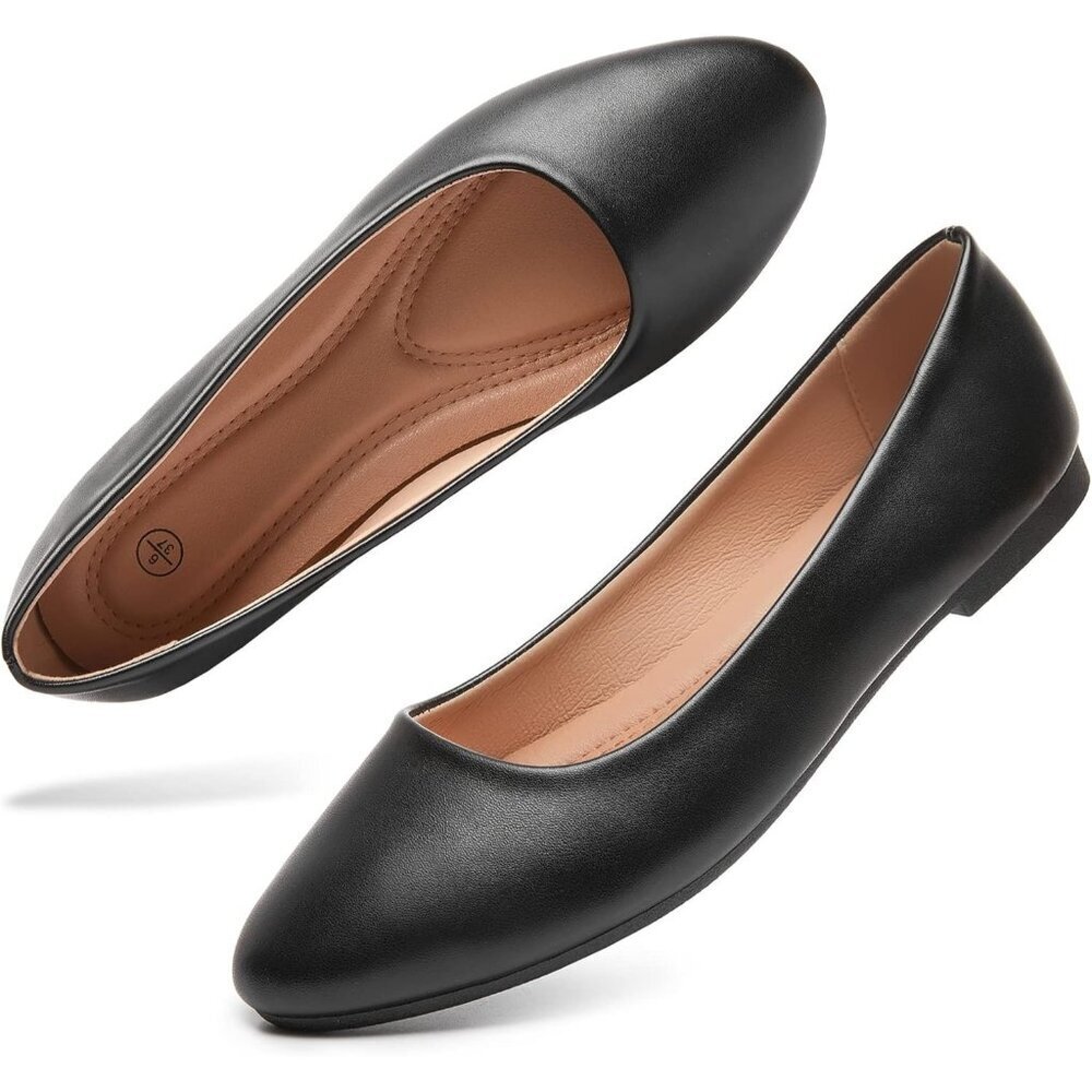 Women's Black Pu Leather Closed Toe Slip On Comfortable Ballet Flats Shoes
